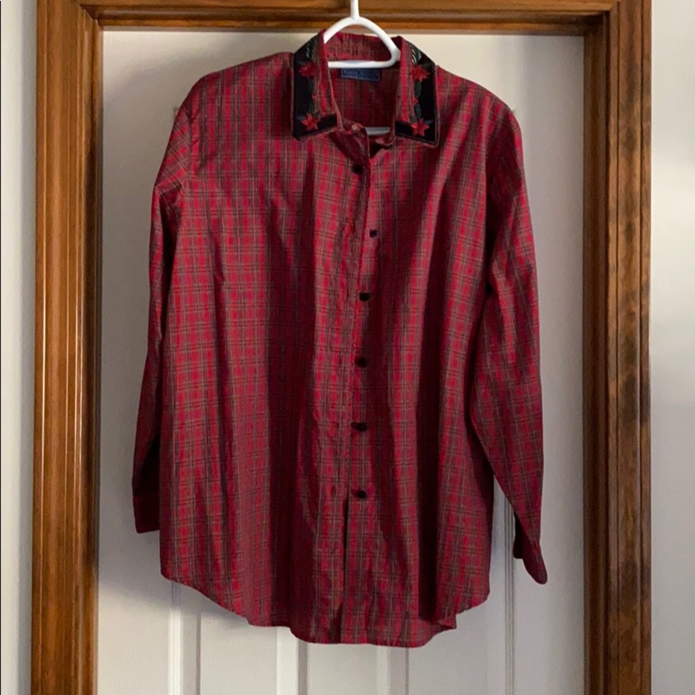 Karen Scott 1X Red Check Long Sleeve Shirt
